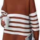 PRETTYGARDEN Women Oversized Striped Turtleneck Sweater 2025 Fall Fashion Long Sleeve Pullover Winter Chunky Knit Jumper Tops (Brown)