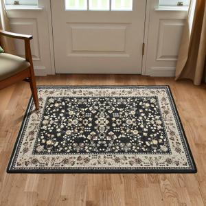 Softlife 2x3 Small Floral Rugs for Entryway Machine Washable Area Rugs Vintage Throw Rug for Bedroom Non-Slip Accent Rug Entrance Door Mat Thin Carpet for Kitchen, Black and Camel (2x3 Feet)