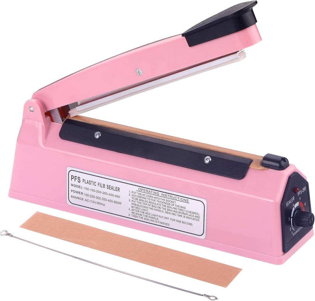 Impulse Bag Sealer 8 inch, Impulse Heat Sealer, Manual Impulse Bag Sealer Poly Bag Sealing Machine Heat Seal Closer for Plastic Bags PE PP Bags (pink)