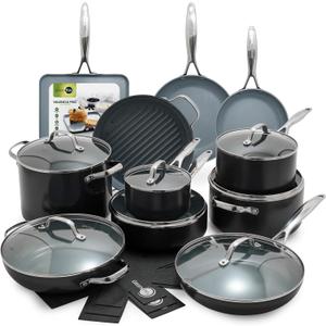 GreenPan 22 Piece Valencia Pro Ceramic Nonstick Cookware Set, PFAS-Free, Induction Ready, Hard Anodized Pots & Pans with Lids, Compatible on All Cooktops, Dishwasher & Oven Safe, Gray