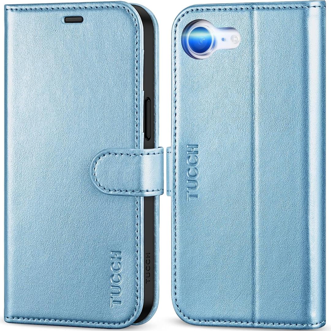 TUCCH Case for iPhone 17e, Wallet Case for iPhone 16e, [RFID Blocking] 4 Card Holder Stand TPU Interior Shell PU Leather Magnetic Protective Flip Cover Compatible with iPhone 17e/16e, Shiny Light Blue