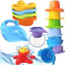 uToyz Bath Toys for Toddlers – Toddler Toys with 12pcs Rainbow Stacking Cups, Boats, & Dolphin-shaped Baby Watering Can, Baby Bath Gift & Toddler Toy for One Year Old Girl Gifts, Water Toy for Ages 1+