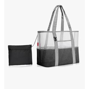 YOOFAN Mesh Beach Bag Tote Bag with 7 Pockets & Storage Pouch - Lightweight Beach Pool Tote for Women, Men, Family (Gray, 19.6"x11.8"x17.7")
