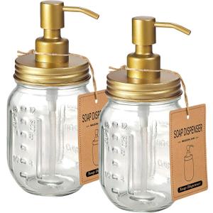 Amolliar Mason Jar Liquid Soap Dispenser -Rustproof Stainless Steel Farmhouse Decor for Bathroom Vanities,Kitchen Sink/ Liquid Soap Pumps for Hand Soap,Dish Soap,Lotions/Golden -2 Pack