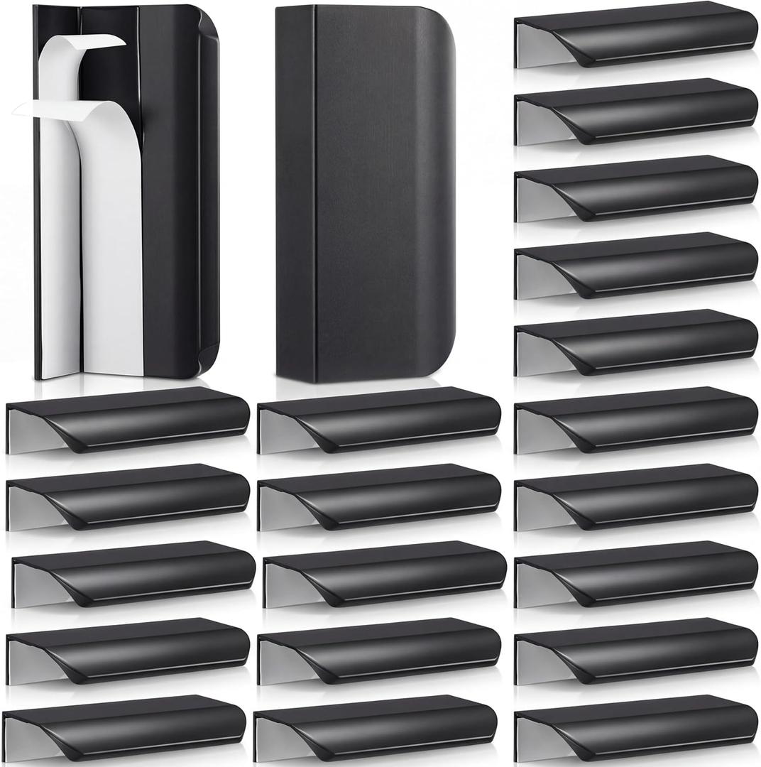 20 Packs 3.15'' Self Adhesive Finger Pulls for Cabinets Stick on Cabinet Edge Pull Handles No Drill Hidden Peel and Stick Drawer Pull for Dresser Cupboard Bathroom Vanity Kitchen (Black)