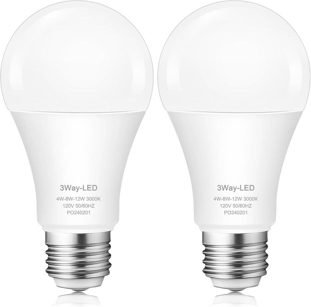 3 Way Light Bulbs 30 70 100 Warm White, A19 3000K, 4/8/12W Energy Saving 400 800 1200 Lumens, E26 Base LED Bulbs Perfect for Reading, 2 Pack