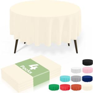 misaya 4 Packs Disposable Plastic Table Cloth, 84" Round Waterproof Tablecloth, Leakproof & Sturdy Decorative Table Covers for Picnic, Party and Outdoor, Beige
