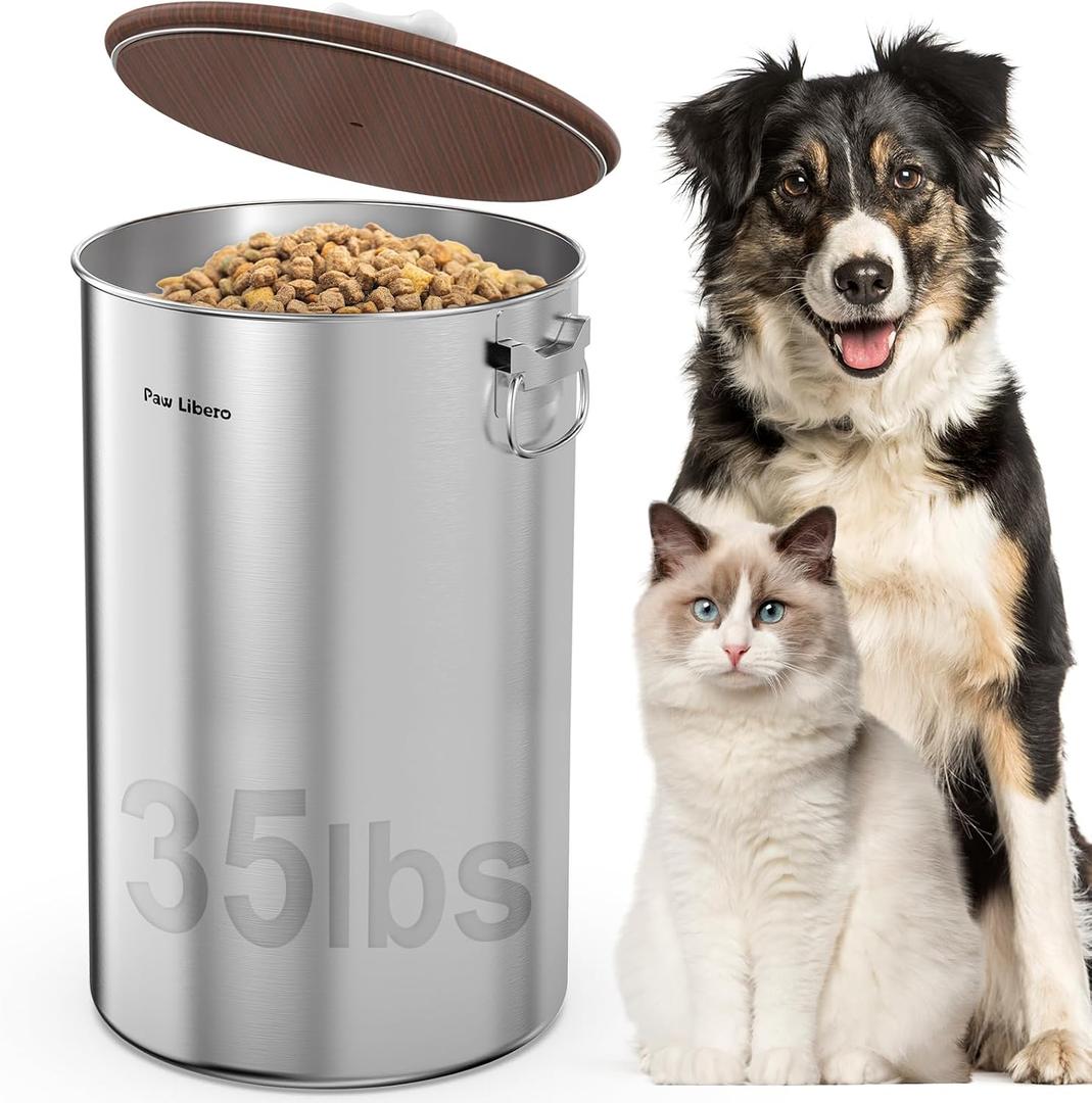 Paw Libero 35 Lbs Stainless Steel Dog Food Storage Container with Airtight Wooden Lid & Ceramic Bone Handle, Large Metal Dog Food Bin, Pet Treat Jars for Dogs & Cats, Keep Fresh, Easy to Clean