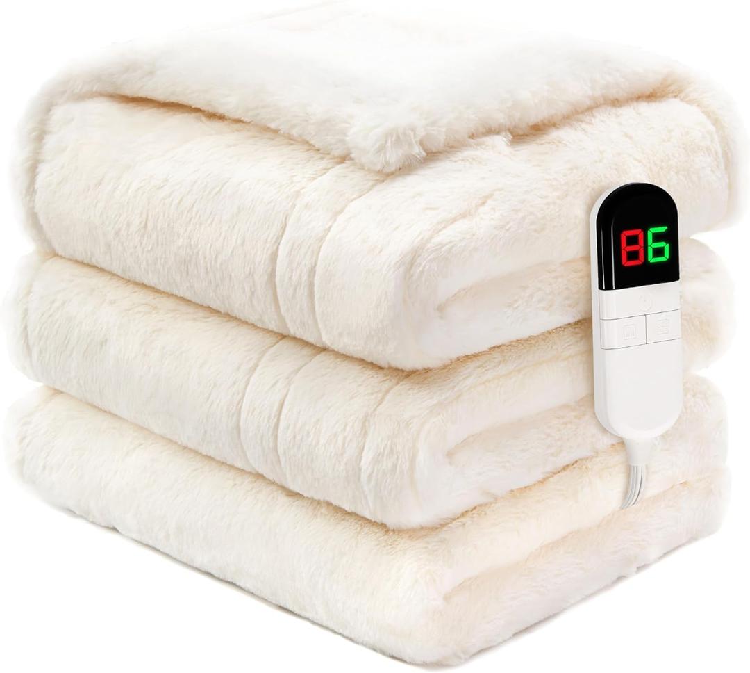 PTQ Heated Electric Blanket Twin 62"×84", Plush Fast Heating Faux Rabbit Fur Blanket with 8 Heating Levels Auto Shut Off, for Bed & Couch Super Cozy Fuzzy,Fluffy Winter Warming Beige