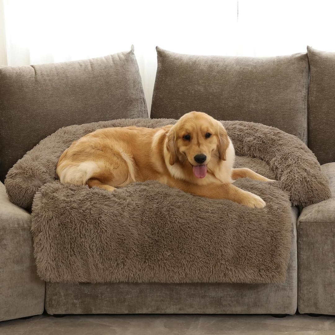 Calming Dog Bed Fluffy Plush Dog Mat for Furniture Protector with Removable Washable Cover for Large Medium Small Dogs and Cats (Extra Large (53x39.3x6), Camel)
