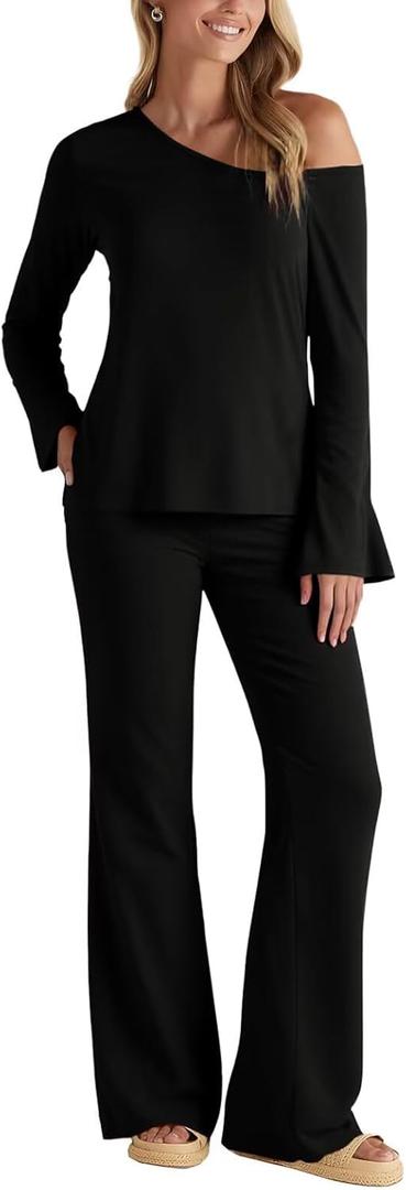 BWQ Sexy 2 Piece Outfits for Women Long Sleeve Wide Leg Pants Casual Lounge Matching Sets (Black, S)