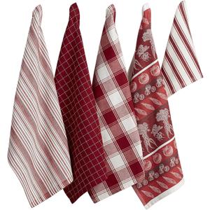 DII Assorted Pattern, Kitchen Collection, Dishtowels & Dishcloth, Garnet, 5 Piece