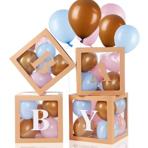 Zhanmai Baby Boxes for Bear Baby Shower Decoration with 4 Letters 36 Balloons 4pcs Transparent Clear Balloon Box Blocks for Boy Girl Balloon Boxes Gender Reveal Party Favors(Khaki,Blue, Pink)