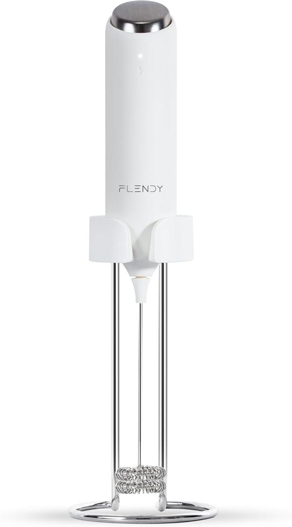 Flendy Rechargeable Milk Frother Handheld, Coffee Frother Handheld with USB-C Charging Stand, Electric Drink Mixer Handheld, Mini Electric Whisk Frother for Coffee, Matcha, etc (Blizzard White)