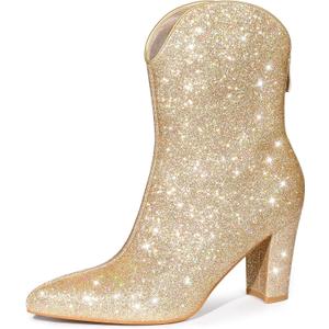 Allegra K Women's Glitter V Shape Pointy Toe Back Zipper Block Heels Mid Calf Boots, Size 9