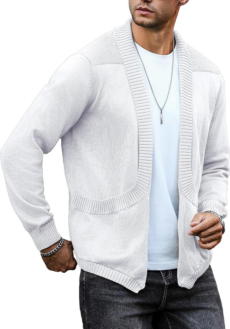 Men's Shawl Collar Long Sleeve Cardigan Knit Open Front with Pockets (White, L)