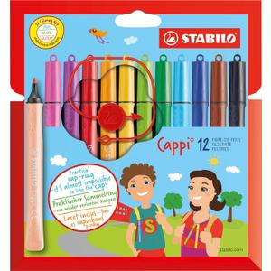 Fiber-Tip Pen with Cap-Ring - STABILO Cappi - Pack of 12 - Assorted Colors + 1 Cap-Ring