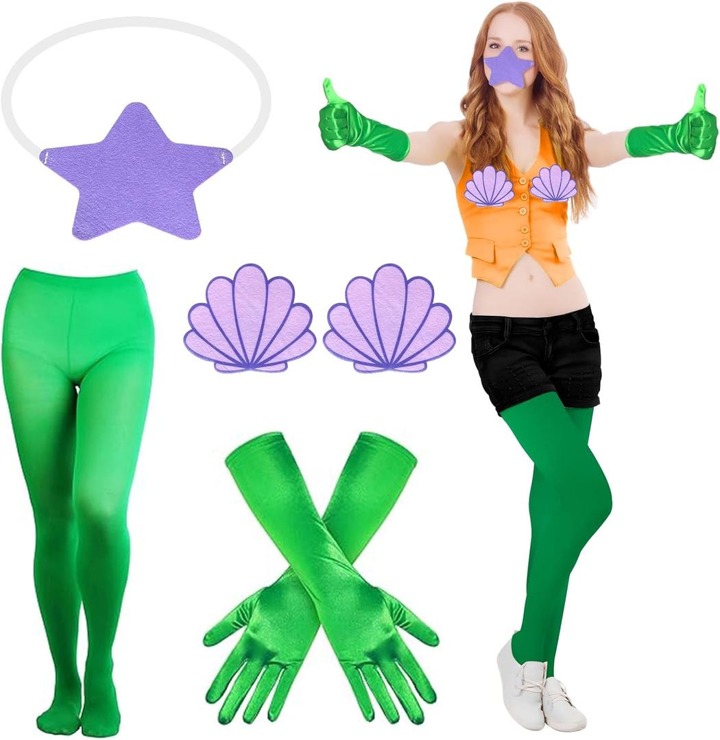 3Pcs Halloween Mermaid Costume Accessories Include Shell Decoration Starfish Mask Green Stretch Gloves Pantyhose for Adult Women Men Halloween Character Cosplay Dress Up Role-playing Party Favor