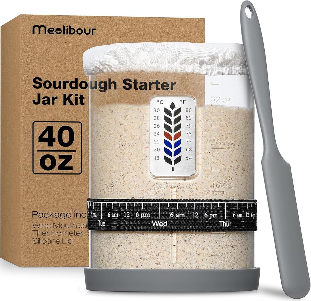 Premium Pro Sourdough Starter Jar Kit - 40oz Large Wide Mouth Sourdough Bread Jar with Marked Feeding Band, Thermometer, Scraper, Cloth Cover and Silicone Lid/Base, Glass Container, Baking Supplies