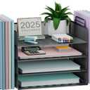 4 Tier Stackable Paper Tray Organizer for Desk, Office Desk Accessories, Paper Sorter Organizer for Letter/A4 Office File Folder Holder (Black, 19.2" x 9.7" x 10.2") (Landscape)
