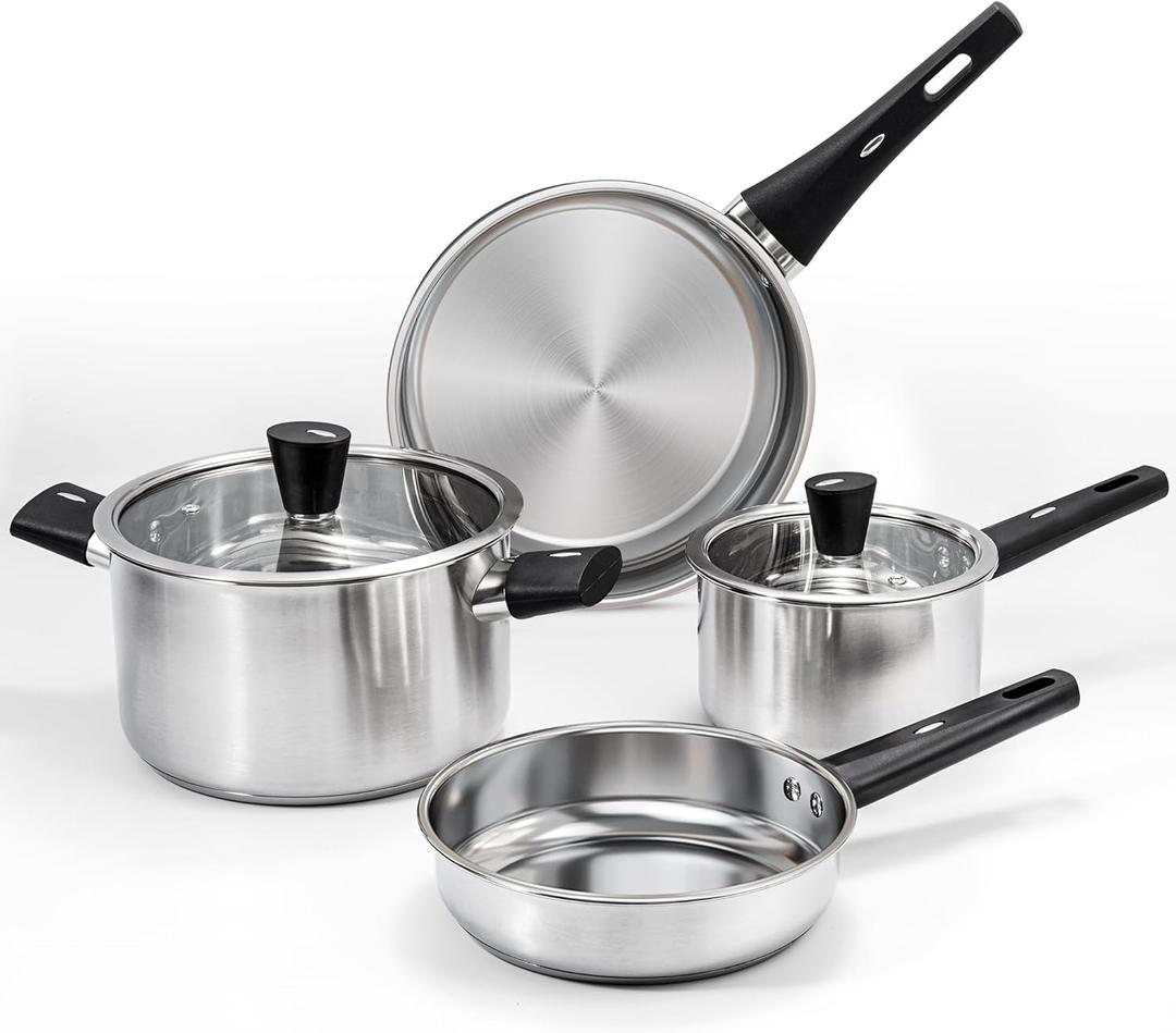 6-Piece Stainless Steel Pots and Pans Set, Kitchen Cookware Set with Stay-Cool Handles Compatible with Gas, Electric & Induction, Dishwasher Safe, Non-Toxic & Durable for Everyday Cooking