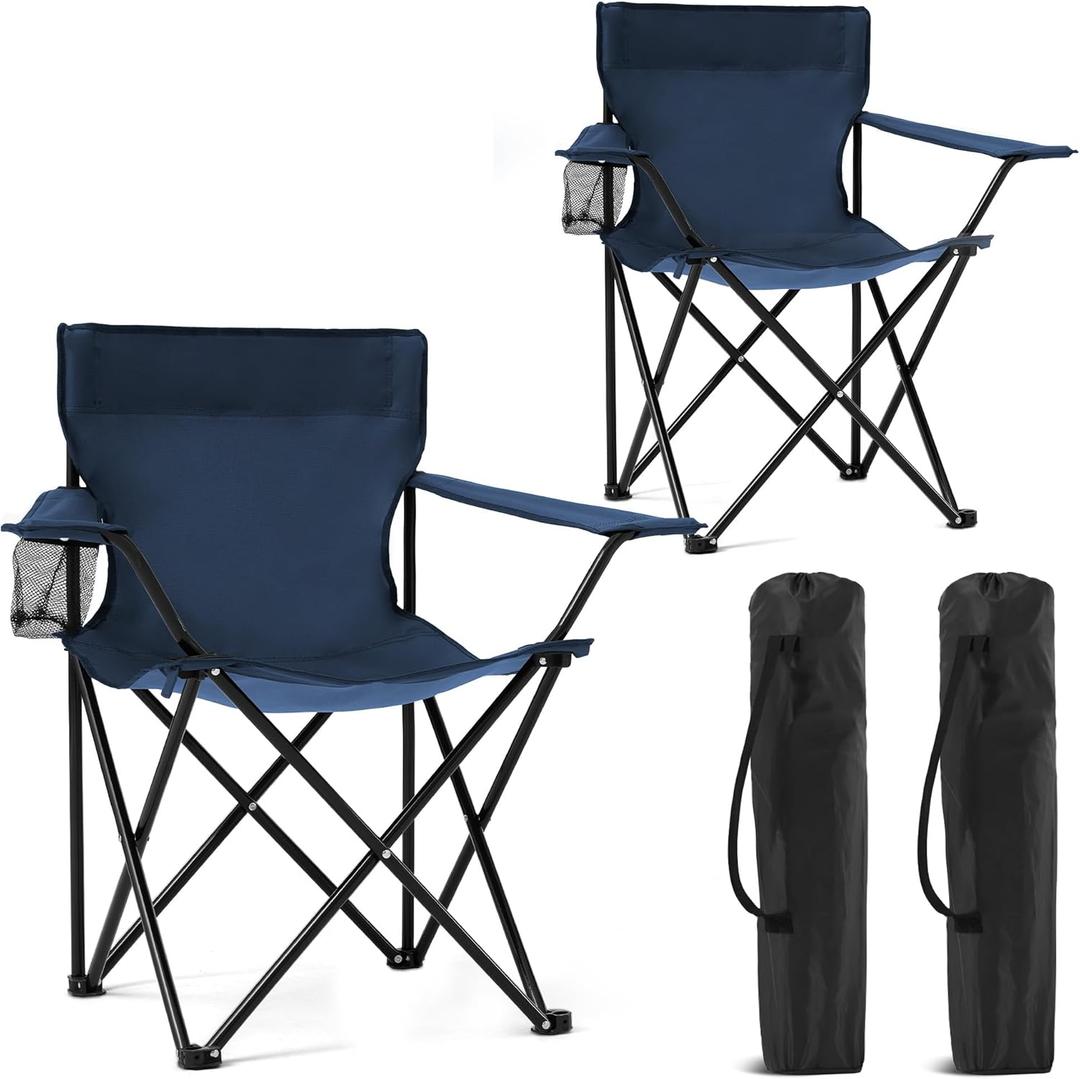 2 Pack Portable Camping Chairs Folding Lawn Chair Outdoor Lightweight Beach Chair with Cup Holder & Carry Bag for Outside Sports, Fishing, Hiking, Travel, Picnic, Backyard (Navy) (Medium)