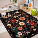 RELEANY Floral Nursery 5x7 Area Rugs Washable Print Boho Cute Carpet Non Slip Flower Low Pile for Living Room Kids Girls Playroom Bedroom Kitchen Office Farmhouse-Black