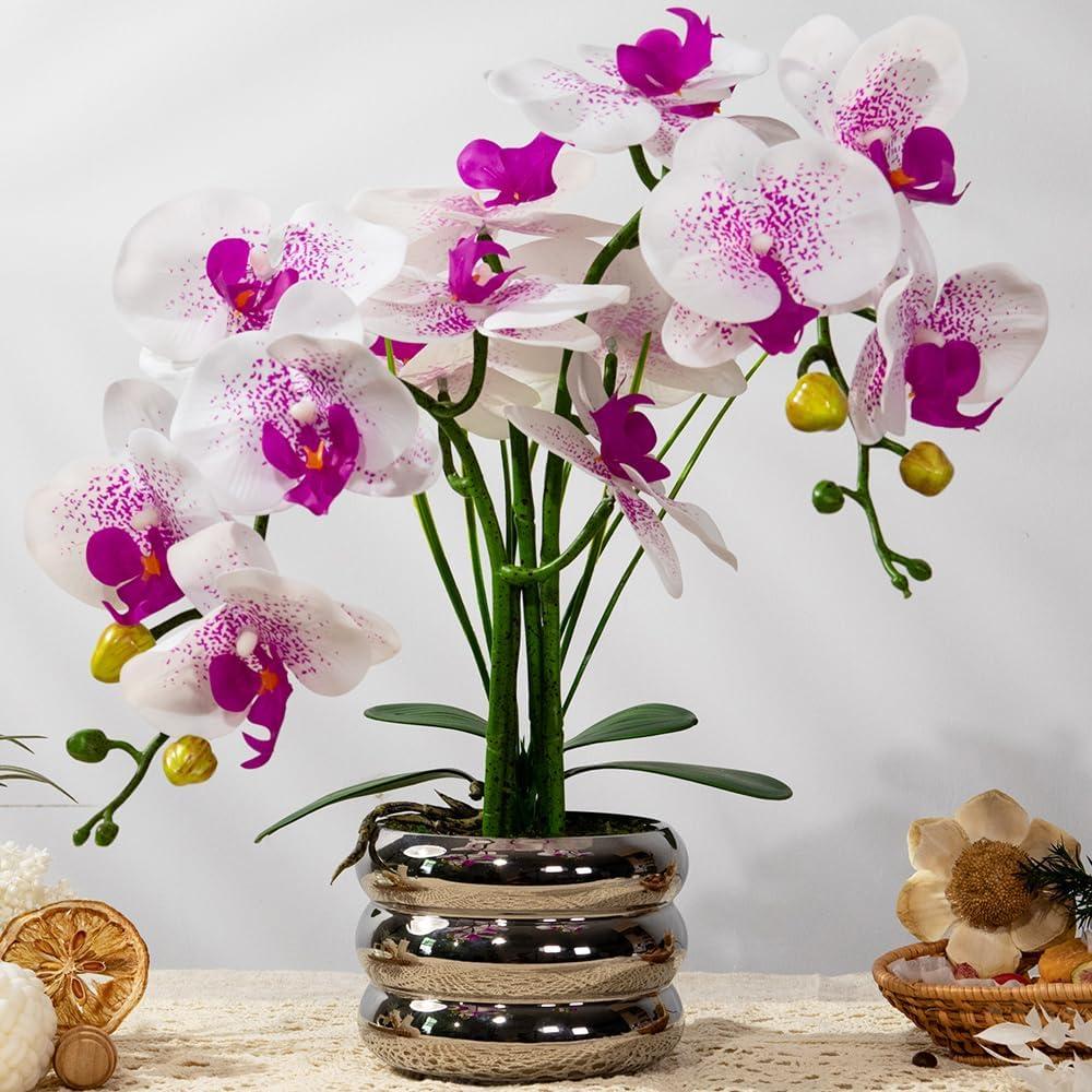 Artificial Orchids Flowers with Vase for Table Centerpieces, Real Touch Faux White Orchid Phalaenopsis in Ceramic Vase for Home Wedding Kitchen Decoration (Silver Vase, White Purple)