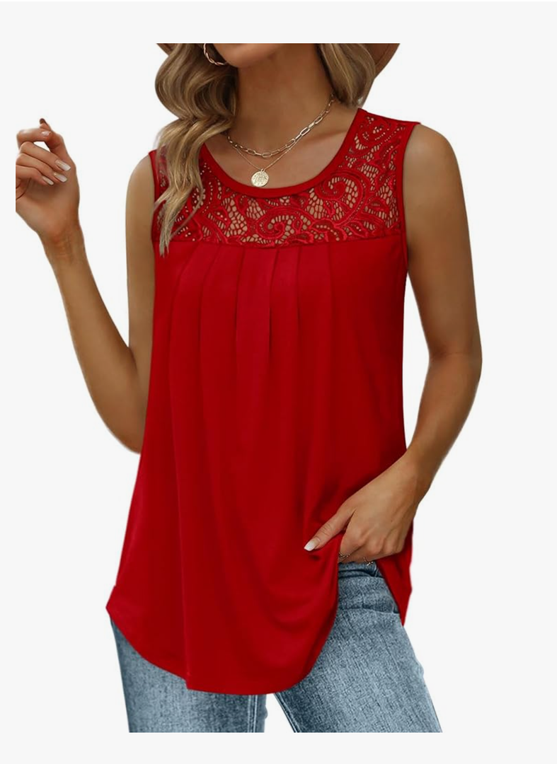 Saloogoe Summer Tank Tops for Women Loose Fit Pleated Tunics Scoop Neck Sleeveless Lace Tops Curved Hem Flowy Size L