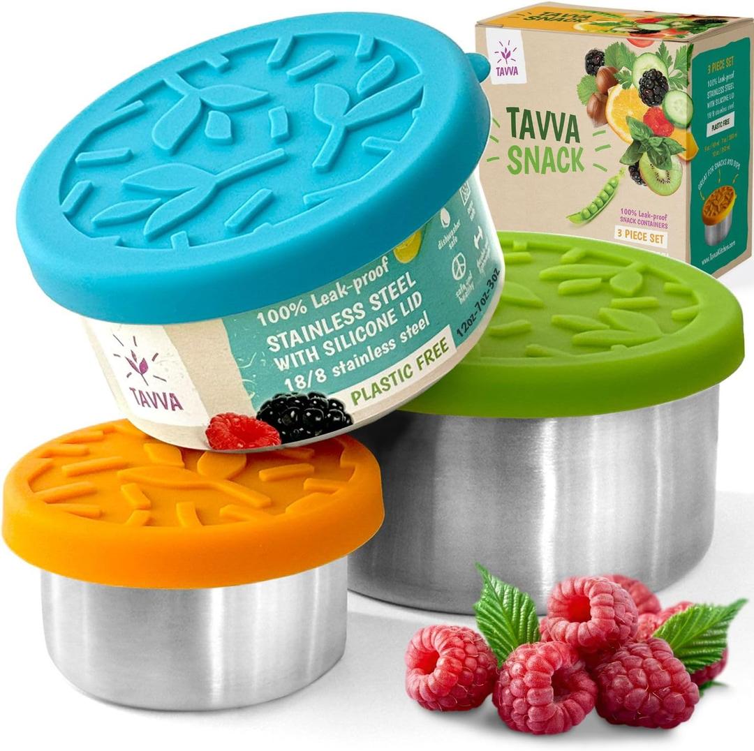 TAVVA Stainless Steel Lunch Containers for Kids [12oz/ 7oz/ 3oz] - BPA-Free Metal Lunchbox with Leakproof Silicone Lids - Lunch Box for Kids - Small Snack Food Containers with Lids - Dishwasher Safe (Lagoon)