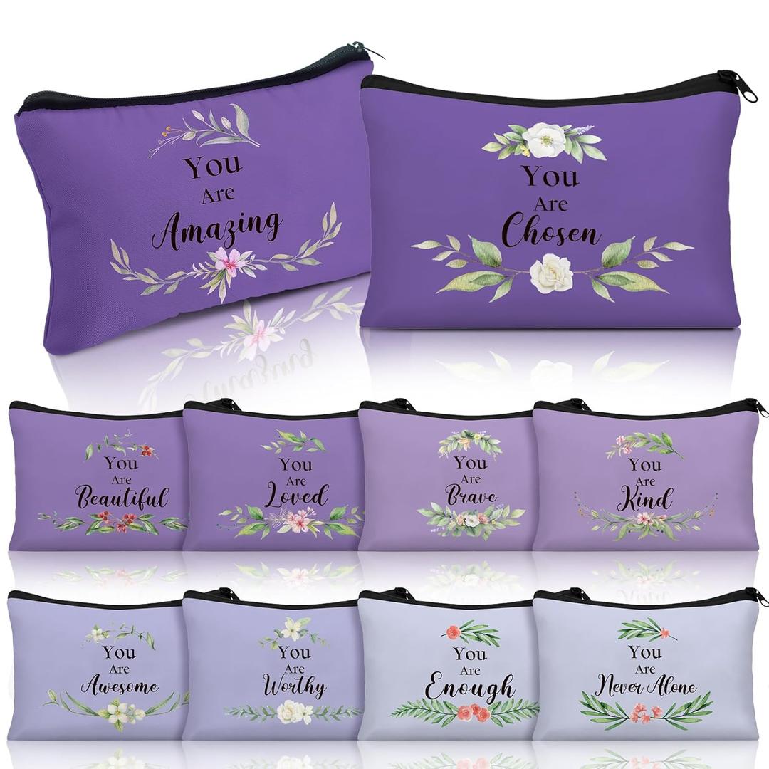 Hillban 10 Pcs Christian Comestic Bag Gift for Church Women Inspirational Gifts Administrative Professionals Day Religious Bible Verse Cosmetic Bag for Mom Group Mothers Day Party(Flower,Purple)
