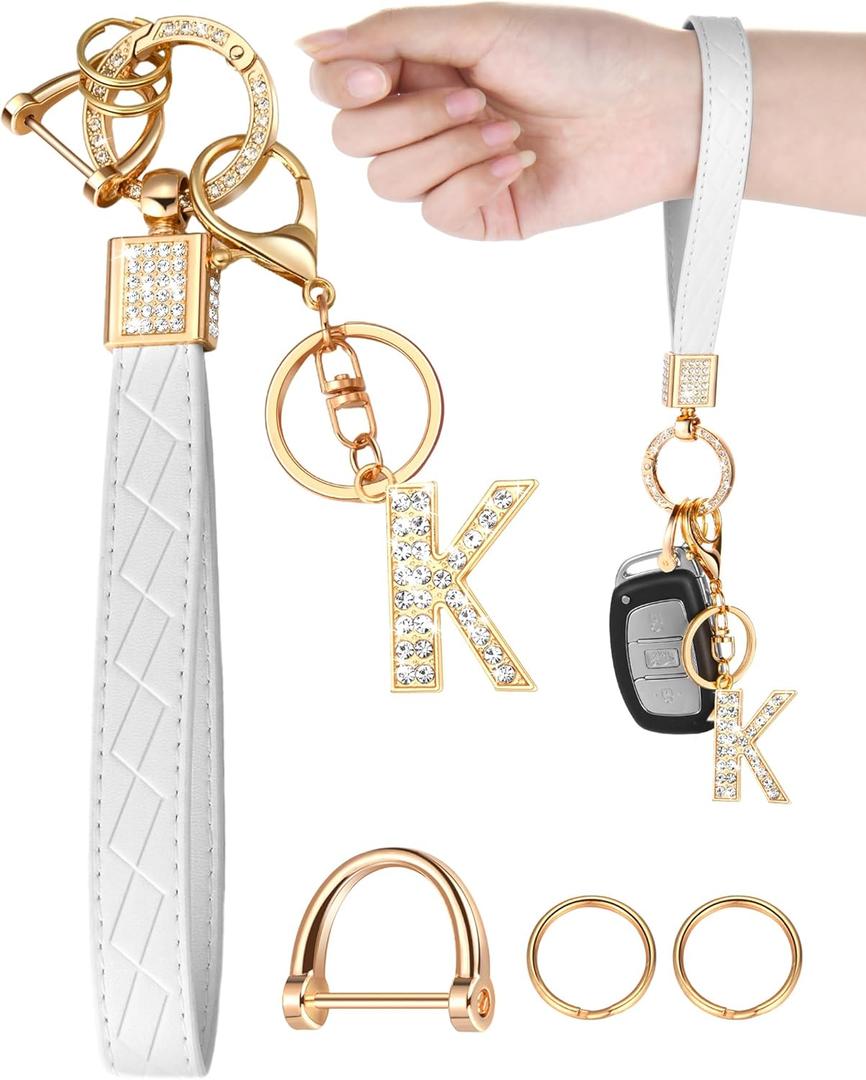 Letter Leather Wristlet Keychain Car Keys Keychain Bracelet Keychain Large Keychain for Girl Woman Personalized Gift,K-white