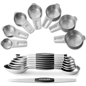 Stainless Steel Measuring Cups & Spoons Set, EWFEN Kitchen Tools Nesting Measuring Cups and Spoons, Fits in Spice Jars for Baking & Cooking, BPA Free, Set of 15 with Leveler, Multicolor