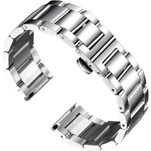BINLUN Thick Stainless Steel Watch Band Metal Heavy Polished Matte Brushed Finish Watch Strap Replacement for Men Women 16mm/18mm/20mm/21mm/22mm/23mm/24mm/26mm(Polished Silver,20mm)