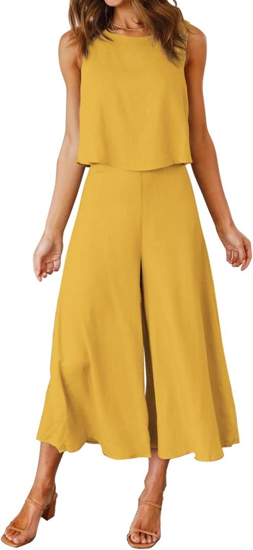 ROYLAMP Women's Summer 2 Piece Outfits Round Neck Crop Basic Top Cropped Wide Leg Pants Set Jumpsuits (Yellow), XS