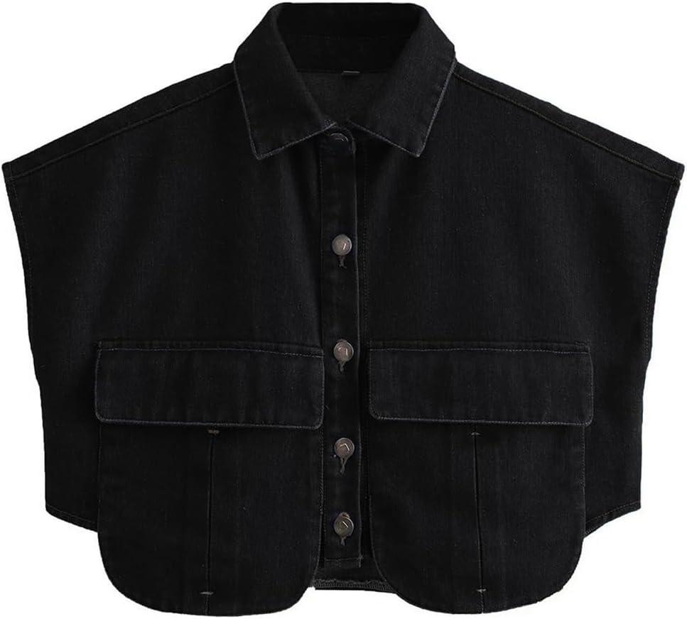 Perbai Womens Cropped Button Down Shirt Summer Collared Sleeveless Loose Denim Top with Pockets (Large, Black)