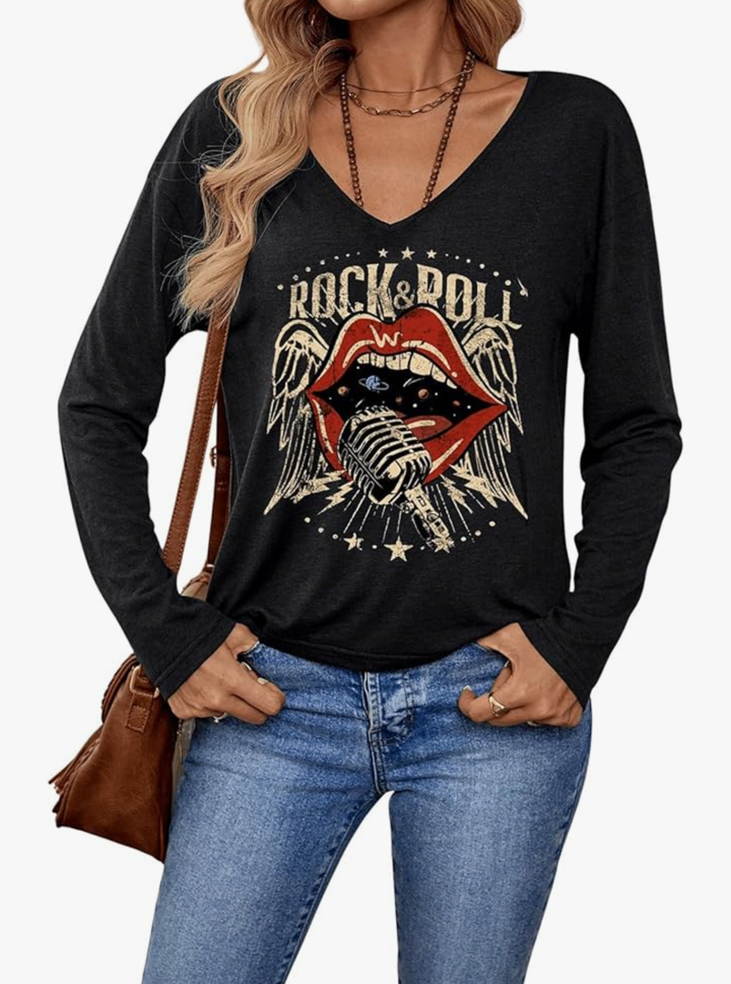 SOLY HUX Women's Graphic Tees V Neck Long Sleeve T Shirt Rock Roll Vintage Casual Tops L