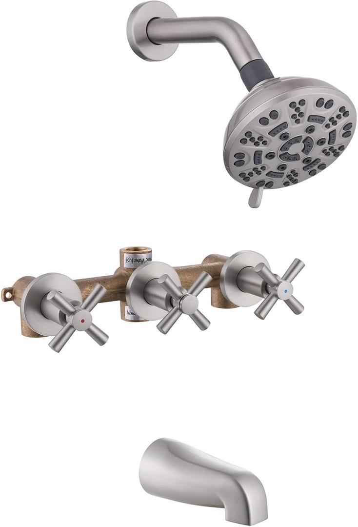 3 Handles Shower Faucet Set with Tub Spout Bathtub Shower Faucets Combo Set Shower System Complete Tub and Shower Trim Kit Shower Fixtures Brushed Nickel