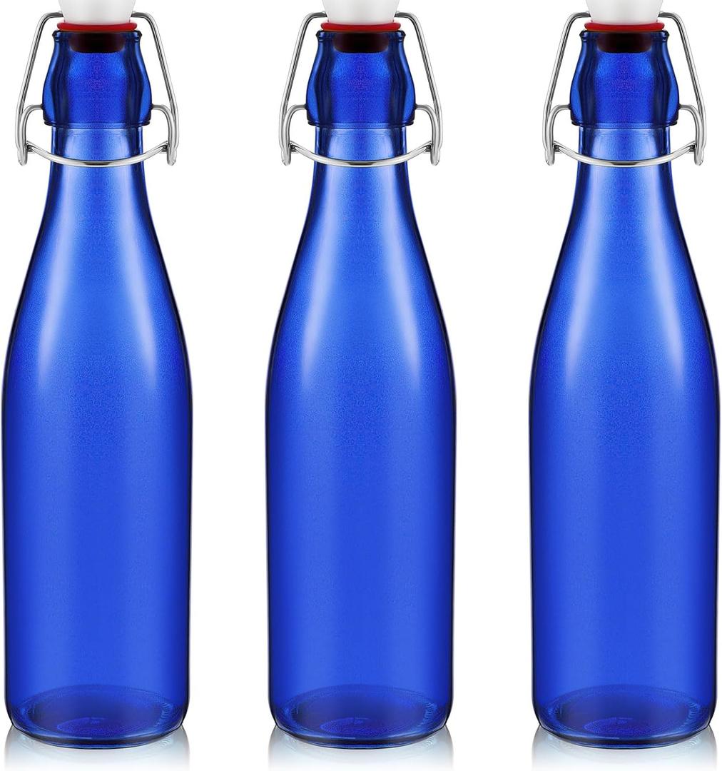 Teenyyou 3 Pcs Cobalt Blue Glass Bottle 500 ml / 16.9 oz Decorative Bottles Cobalt Blue Swing Top Glass Bottles with Airtight Lid for Centerpieces Garden Decor, Bottle Tree (EXP 07/07/27)