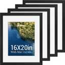 16x20 Picture Frame Set - 4 Pack, Black Wood Photo Frames - Tempered Glass - Displays Photos 11x14 with Mat or 16 x 20 without - Room, Office, Gallery, Studio, and Hallway Decor - Wall Hanging