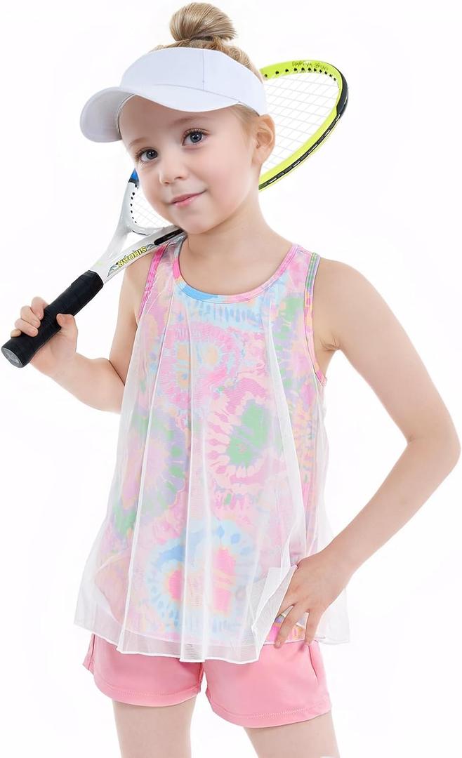 Gogokids Girls 2 Piece Activewear Set, Tulle Sleeveless Tank Tops and Athletic Shorts (Green)