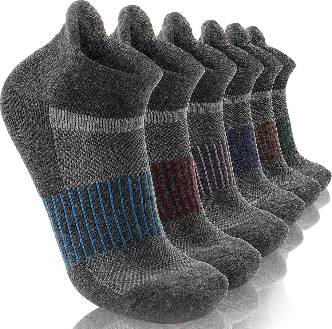 6 Pairs Merino Wool Ankle Running Hiking Socks Compression Support Breathable Thick Cushion No Show Socks for Women Men (Large, Grey)
