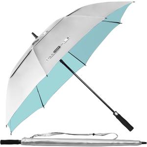Fulynmen 62 Inch UPF 50+ Sun Umbrella UV Protection Large Golf Umbrella Windproof Double Canopy Vented Auto Open Silver/ Lake Blue