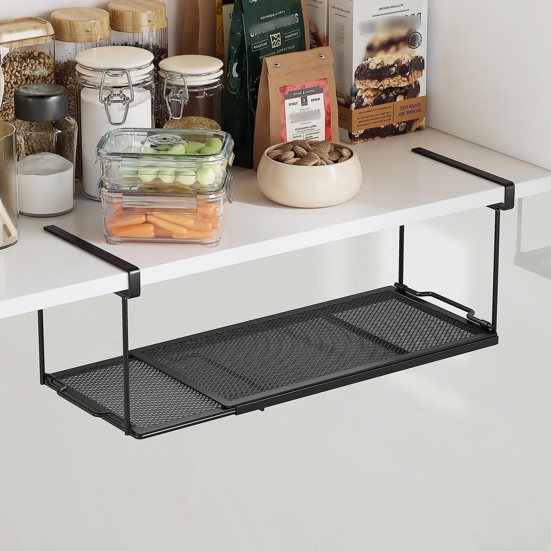 1 Pack Expandable Under Cabinet Shelf, Under Shelf Basket with 0.94 Inches Thick Clips for Kitchen Cupboard, Metal Hanging Under Desk Basket for Laundry Room, Cabinet, Shoe Rack