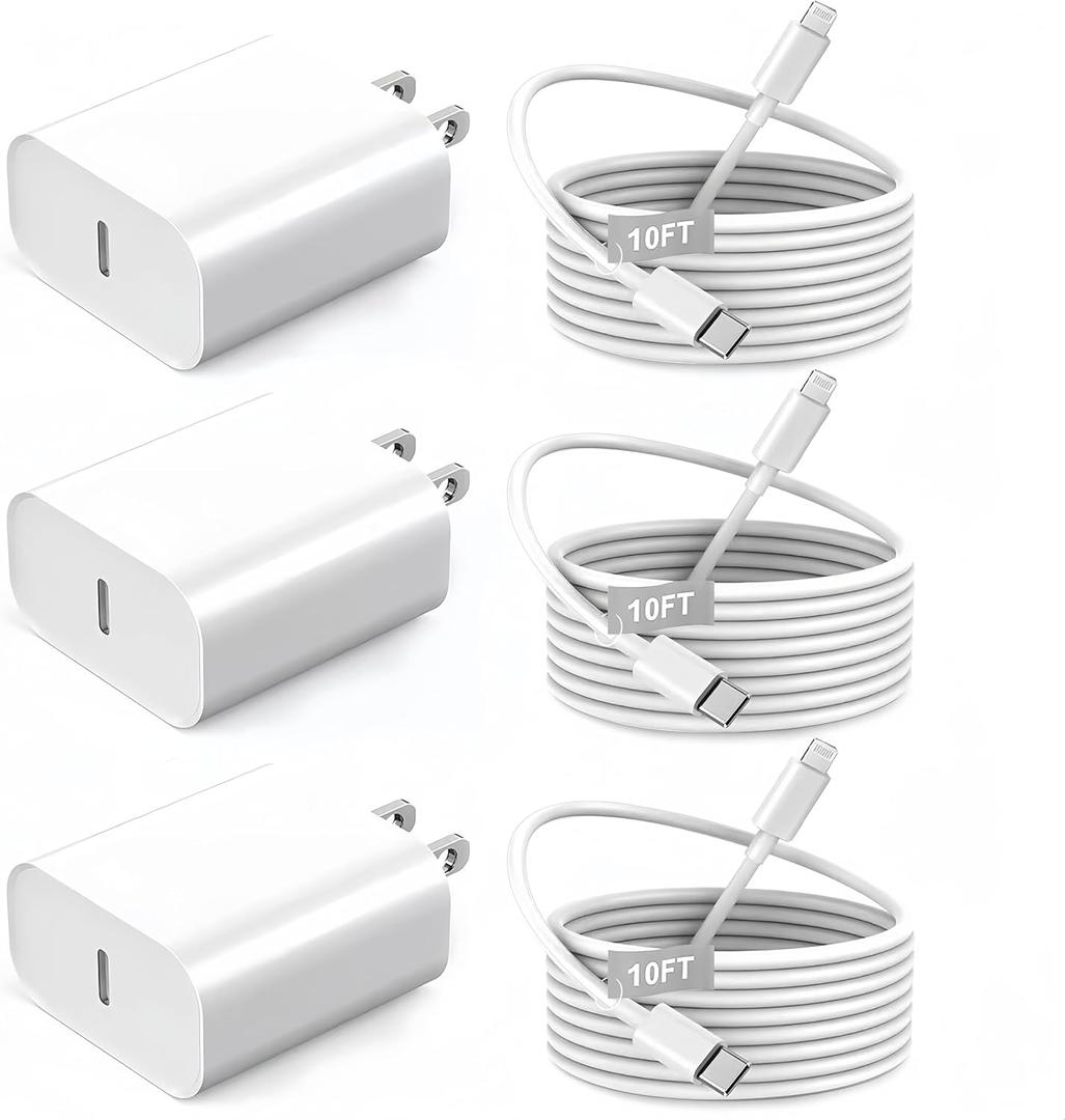 iPhone 14 13 12 Fast Charger,[MFi Certified] 20W USB C Fast Charger Wall Charger Block Plug Adapter with 10FT Long Type-C to Lightning Fast Charging Data Sync Cord for iPhone14 13 12 11 Xs Xr X(3Pack)