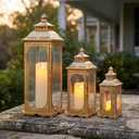 TRIROCKS Set of 3 Vintage Candle Lanterns 10/14/19.5''H Decorative Outdoor Lantern Metal Candle Holder with Tempered Glass for Home Living Room Garden Yard Parties Event Indoors Outdoors (Gold)