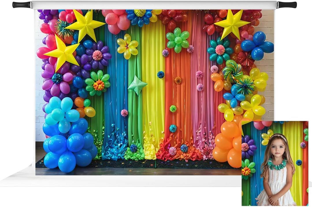 Kate Birthday Cake Smash Photo Backdrop for Mini Session Colorful Balloon Flower Curtain Backgrounds for Birthday, 7X5ft