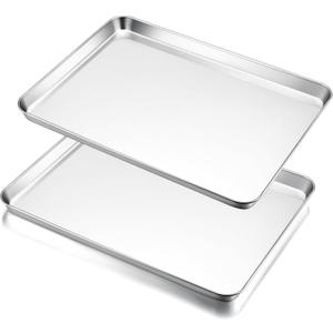 E-far Large Baking Sheets, 20x14 Stainless Steel Cookie Sheet Pans for Oven, Non Toxic Big Metal Baking Trays for Cake Cookies, Healthy & Rust Free, Mirror Finish & Dishwasher Safe, 2 Pack (19.7"x 13.8")