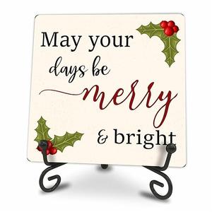 5x5" Winter Wood Plaque With Iron Frame, May Your Days Be Merry & Bright, Best Wishes For Women, Men, Friends, Home & Office Christmas Party Decoration & Favor - E02
