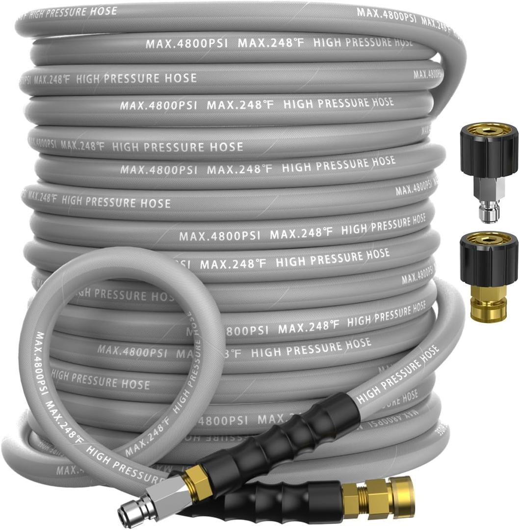 3/8" Pressure Washer Hose 50FT 4800 PSI, Kink Resistant Steel Braided Layer & NonMarking Rubber for Hot/Cold Water, High Power Washer Hose With 3/8 Inch Quick Connect & M22 Fitting, Gray